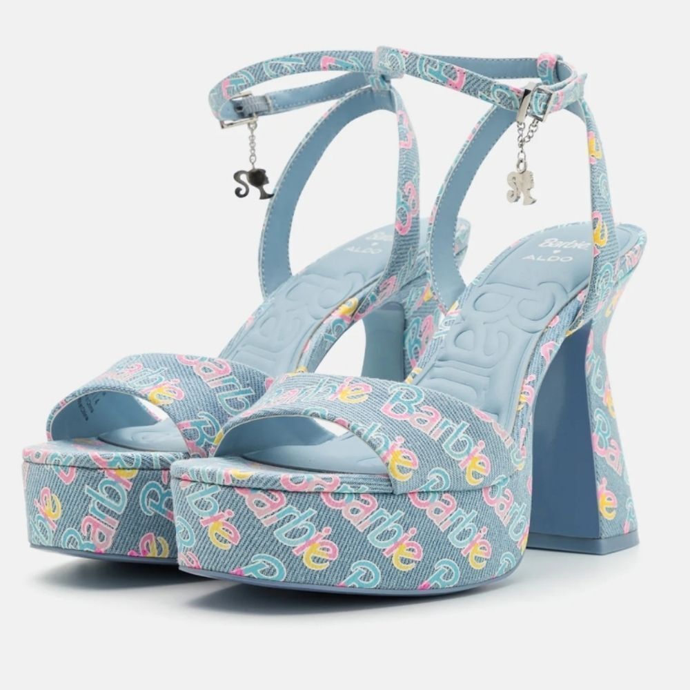 BRAND NEW ALDO BARBIE PARTY PRINTED  DENIM STRAPPY PLATFORM HEELED PLATF… G1 - Picture 5 of 16